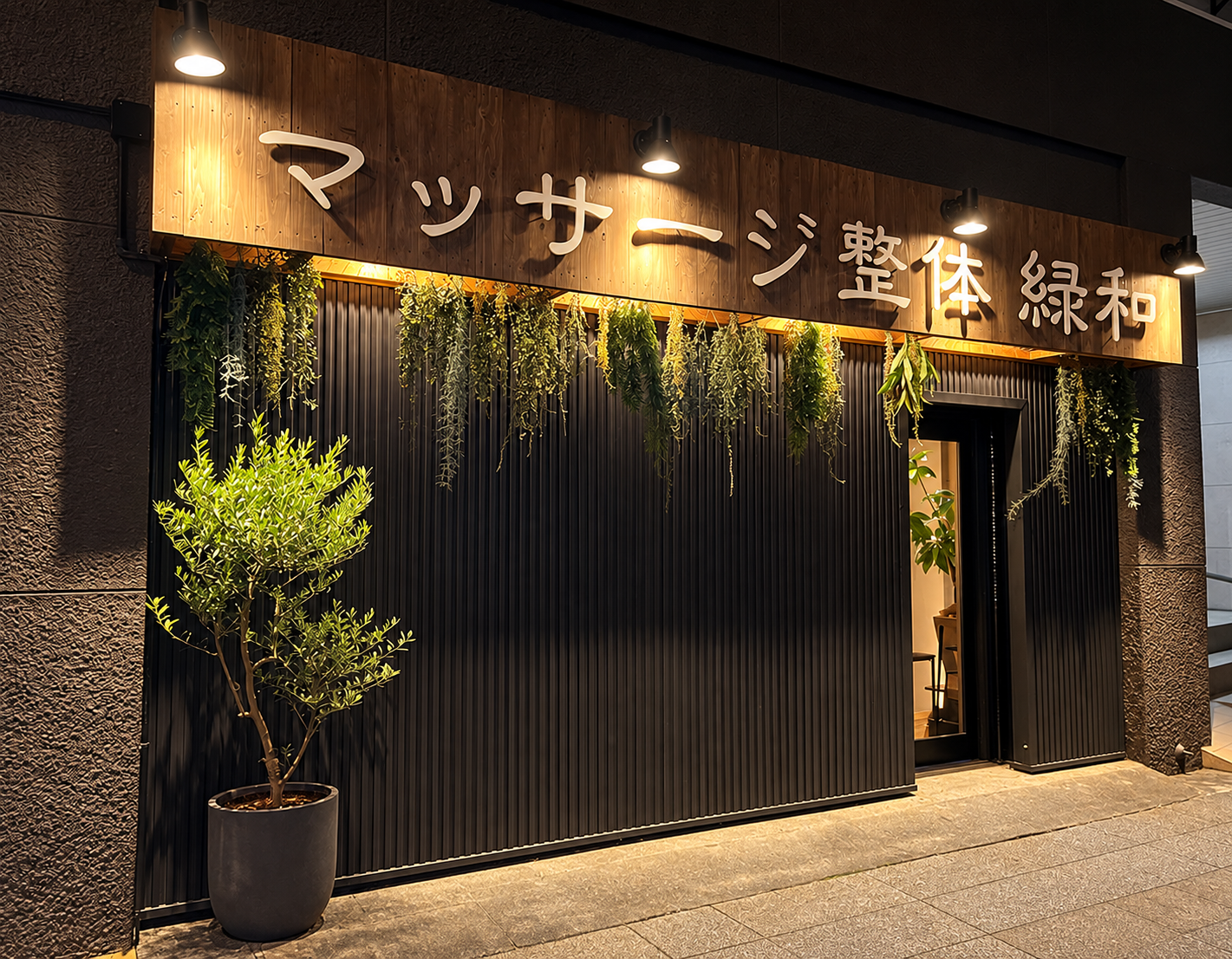 夜の蔵前店の外観。緑和の看板と建物入口