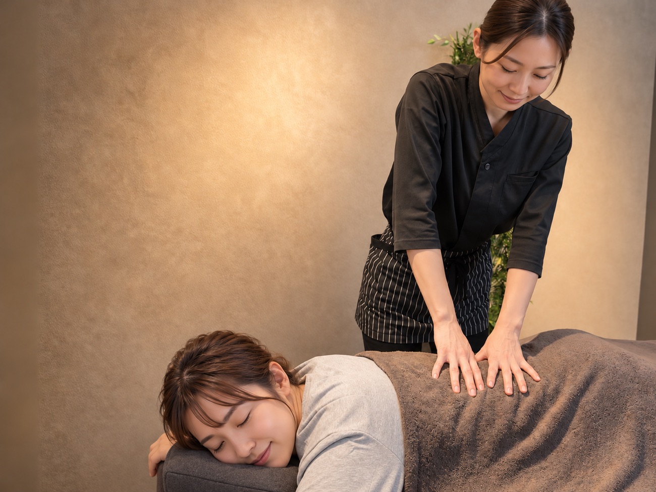 背中に両手でしっかり圧をかけるボディケア