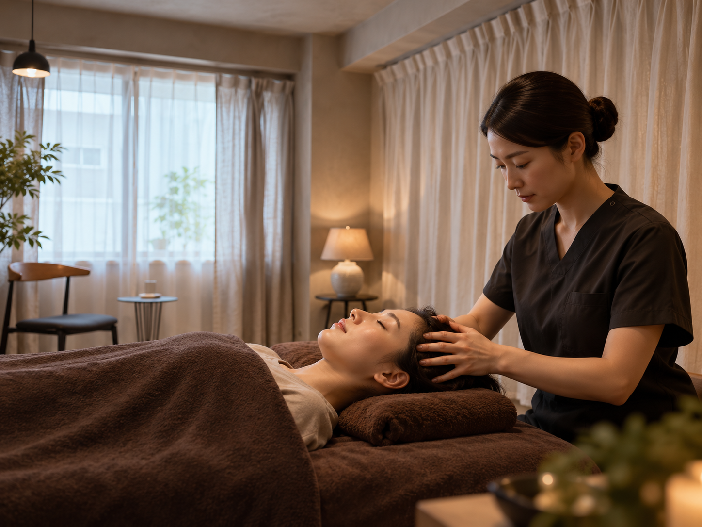 A careful head treatment with hands resting gently on the head